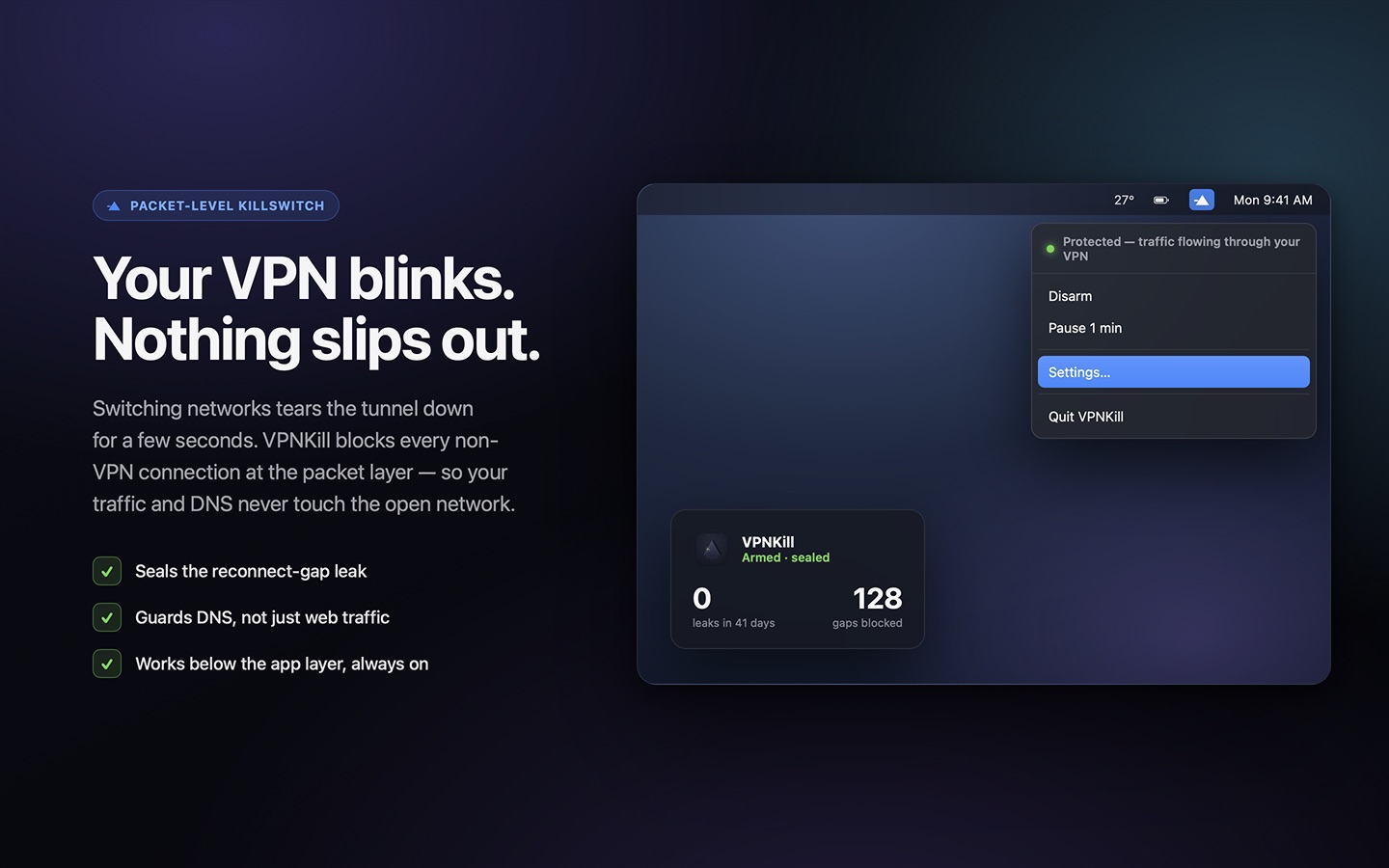VPNKill menu bar app armed: Protected — traffic flowing through your VPN. 0 leaks in 41 days, 128 gaps blocked.